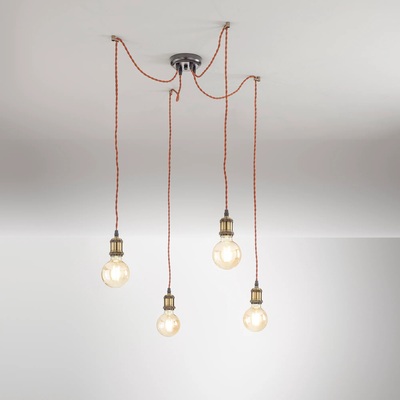 Lampadario moderno vintage 4 luci a vista con cavi in tessuto marrone 39667 LUCI VINTAGE