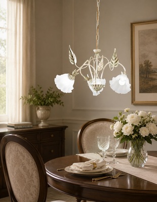 Lampadario 3 luci con campanule di vetro e foglie verde antico  45116