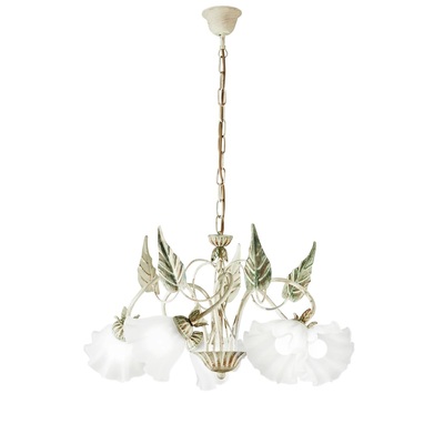 Lampadario country 5 luci in ferro bianco vissuto con vetri a campanula  45117