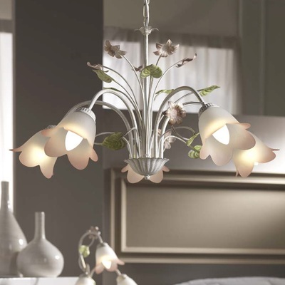 Lampadario 5 luci bianco anticato fiori rosa e foglioline verdi vetro sfumato 41216 LUCI MODERNE