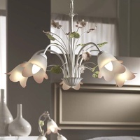 Lampadario 5 luci bianco anticato fiori rosa e foglioline verdi vetro sfumato 41216 LUCI MODERNE