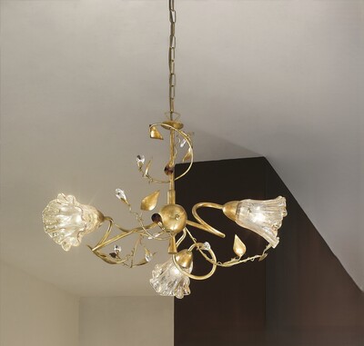 Sospensione lampadario 3 luci oro francese con gocce e foglioline  45330
