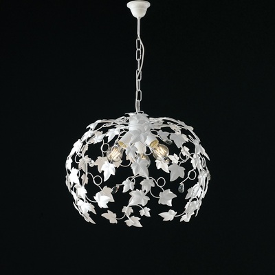 Lampadario bianco grande 50cm 3 luci in metallo con foglie edera e gocce  41474