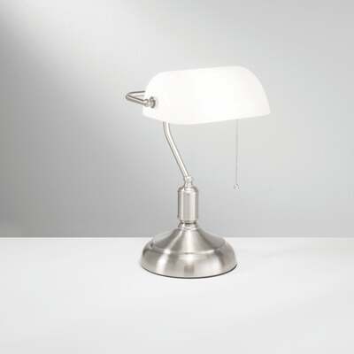Lampada scrivania old style ministeriale vetro bianco base nickel  43696