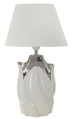 Lampada da tavolo ceramica bianca a fiore e dettagli argento 30x51  42222