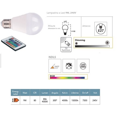 Lampadina led colorata cambia colore con telecomando 10W E27 RGB 43374 LUCI E COLORI