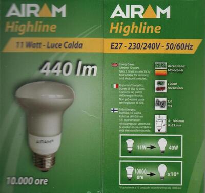 Lampadina luce calda E27 11W R63 2700K R63 11W E27 2700k Faretto R63 AR631127C AIRAM