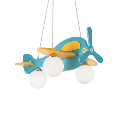 Lampadario cameretta con aeroplano in legno e 3 sfere in vetro acidato e dettagli cromati AVION SP3 