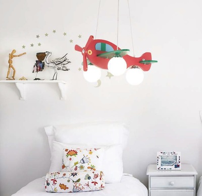 Lampadario camera bambini aereo 3 luci E14 con sfere in vetro e rosone a nuvola AVION SP3 ROSSO IDEA