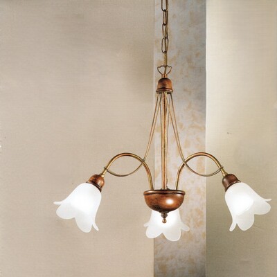 Lampadario legno classico 3 luci vetro fiore bianco 135 LUCI CLASSICHE