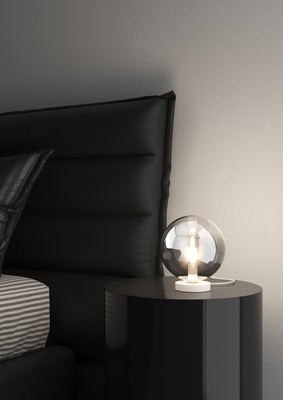 Lampada da comodino abat-jour sfera in vetro fum&egrave; base bianca  42010