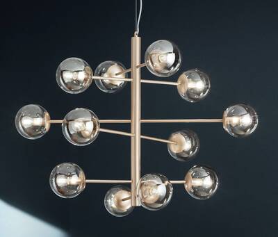Lampadario design radiale oro sfere ambra 12 luci E14 grandi living  44825