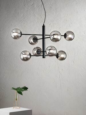 Lampadario moderno nero 8 sfere distribuzione radiale essenza geometrica  44826