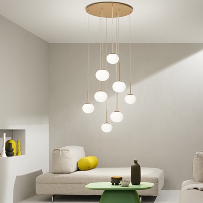 Lampadario grappolo dorato mid century chic 8 sfere distese  44742