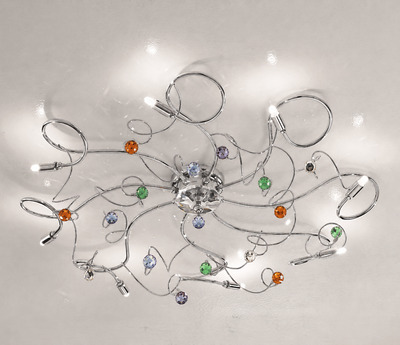 Lampada a soffitto braccetti a ricciolo cromati e gocce trasparenti e colorate 02555/PL8-CS TESSA DU
