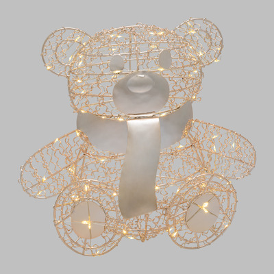 Orsetto in filo di metallo 27cm champagne con sciarpa 80 luci led a batteria da interno 40995