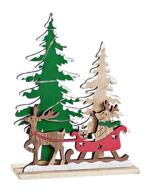 Piccolo soprammobile natalizio renna con slitta e alberi LED 14x18cm  42577