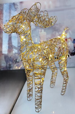 Piccola renna in metallo con filo dorato 30 LED alta 38 cm decorazione da Interno NATALE LUCI E COLO