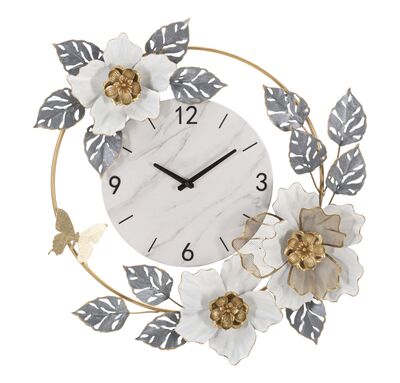 Orologio da parete con decoro di fiori oro grigio e bianco 64x64cm  41111