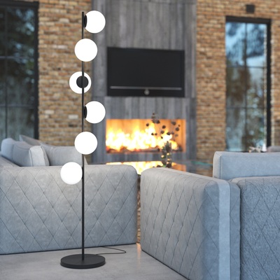 Piantana a 6 luci moderna con sfere bianche che circondano lo stelo nero 1201/T6-NE HOLLY TOP LIGHT
