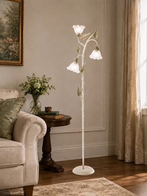 Lampada da terra 3 luci con foglie verdi e vetri campanula  45123