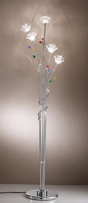 Piantana 5 luci cromo steli sottili fiori sbocciati cristallo gocce decorative colorate DAFNE/P5-CRO