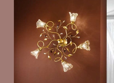 Lampada da soffitto 5 braccetti con foglioline e gocce oro francese  45339