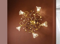 Lampada da soffitto 5 braccetti con foglioline e gocce oro francese  45339