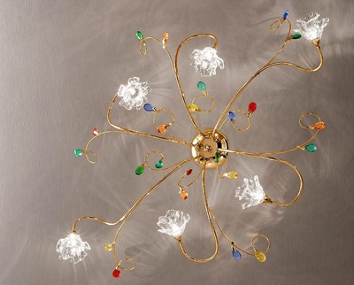 Plafoniera intreccio botanico oro 6 luci lunga 108cm gocce colorate fiori sbocciati cristallo DAFNE/