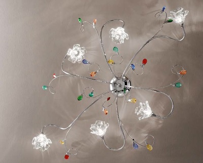 Plafoniera cromo 6 luci lunga 108 m con tralci luminosi e gocce colorate  44880