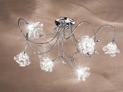 Plafoniera cromo 6 luci semi sospesa con vetri floreali cristallo  44876