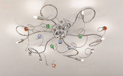 Plafoniera cromata rami decorati con cristalli gocce trasparenti o colorate 02555/PL6-CS TESSA DUE P