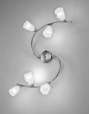 Plafoniera sinuosa 6 luci cromata vetro doppio trasparente e bianco scenografica LUCI MODERNE