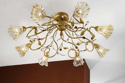 Plafoniera 8 luci 95cm intreccio gocce e foglioline oro francese  45340