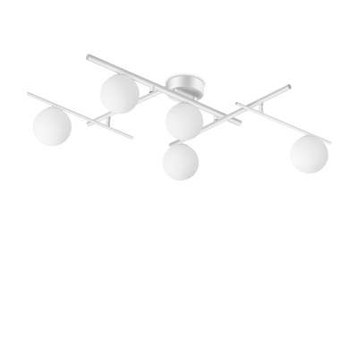 Plafoniera bianca larga 106cm bacchette e 5 sfere opaline  G9 ATLAS PL5 BIANCO IDEAL LUX