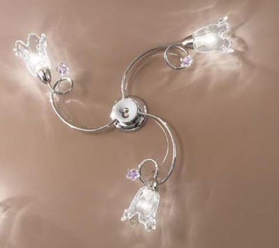 Plafoniera cromata 3 luci vetro trasparente variegato bianco decoro fiori lilla BETTA/PL3/AMET DUE P
