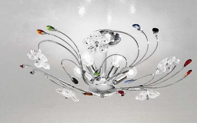 Plafoniera 5 luci 60cm cromata gocce colorate e fiori cristallo  41689