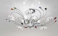 Plafoniera 5 luci 60cm cromata gocce colorate e fiori cristallo  41689