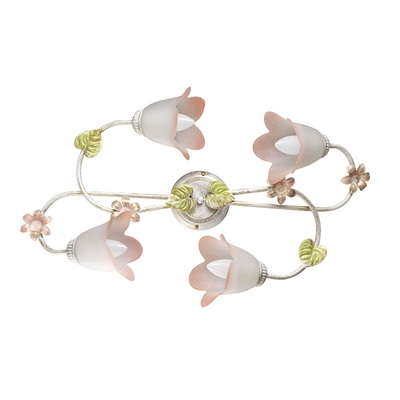Plafoniera lunga con 4 vetri decoro primavera foglioline e fiori vetro rosa 41222 LUCI MODERNE