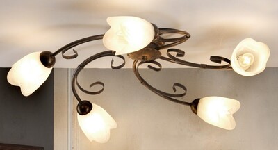 Plafoniera soffitto bronzo sfumato con 5 luci vetri tulipano 43650 ODINO LUCI CLASSICHE