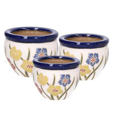 Portavaso fiori colorati ceramica bordo blu decoro fiori set da 3 pezzi 40413 LUCI E COLORI
