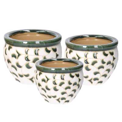 Porta vaso ceramica con bordo e decori foglie verdi piccolo medio e grande 40412 COLORI E LUCI