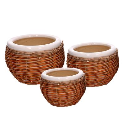 Tre portavasi in ceramica rivestiti in vimini 40420 COLORI E LUCI