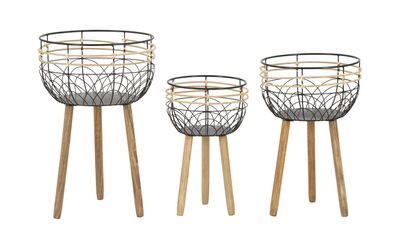 Set di 3 portavasi alti in ferro e rattan con ciotola decorata  41583