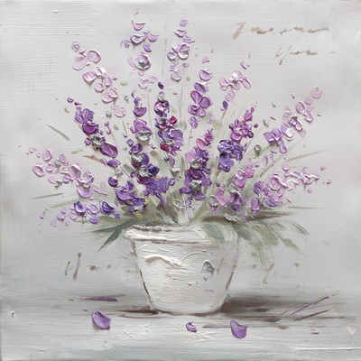 Quadretto con piccolo vaso fiori lavanda 30x30 particolari dipinti 41025 COLORI E LUCI