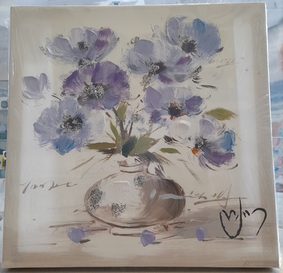 Quadretto 30x30 vaso con fiori lilla e azzurri pistilli glitter argento e dettagli in rilievo 41024