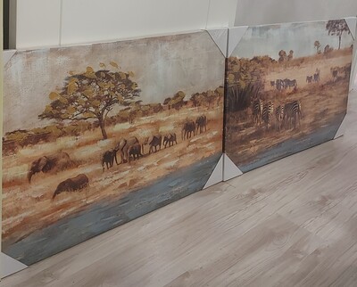 Coppia quadri animali savana 90x60cm zebre ed elefanti  39404