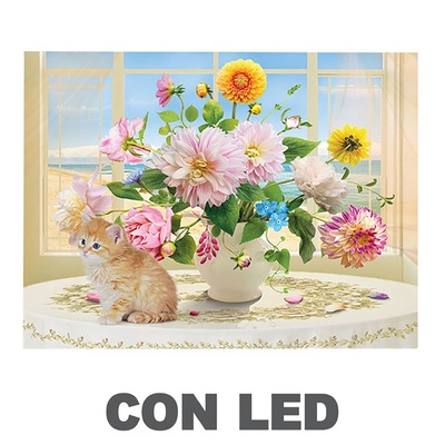 Quadro stampa bouquet di fiori con gattino e luci led 40x30  43537