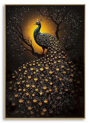 Quadro nero e oro elegante pavone notturno con dettagli applicati 70x100  43990