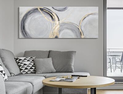 Quadro moderno con grandi cerchi grigio nero e oro 150x60cm  40322